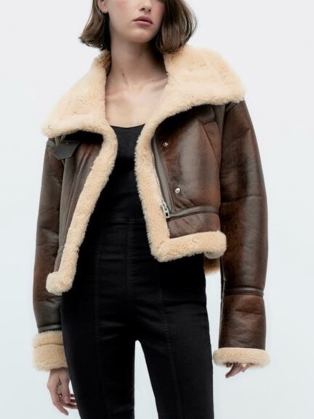 Zara Brown Leather Shearling Jacket with Cream Trim